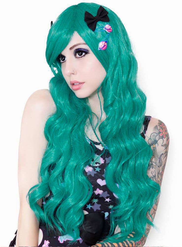 Women's Deluxe Long Teal Green Wavy Fashion Wig with Fringe Alternate Image