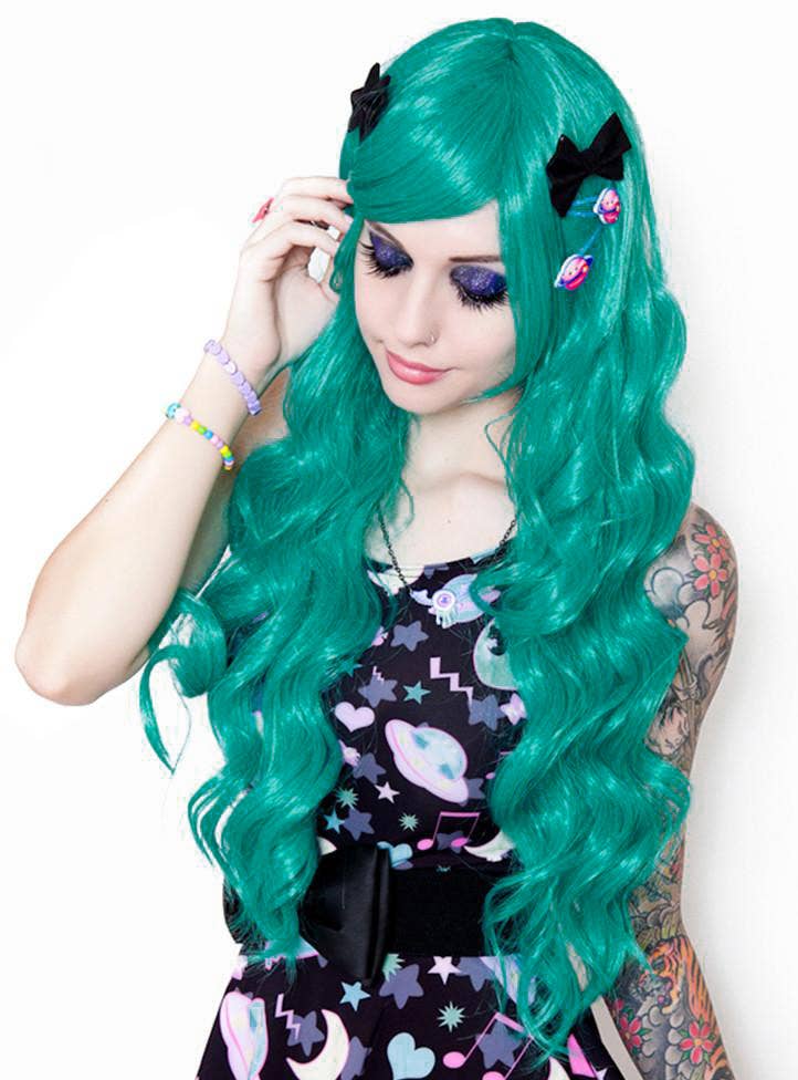 Women's Deluxe Long Teal Green Wavy Fashion Wig with Fringe Alternate Image 3