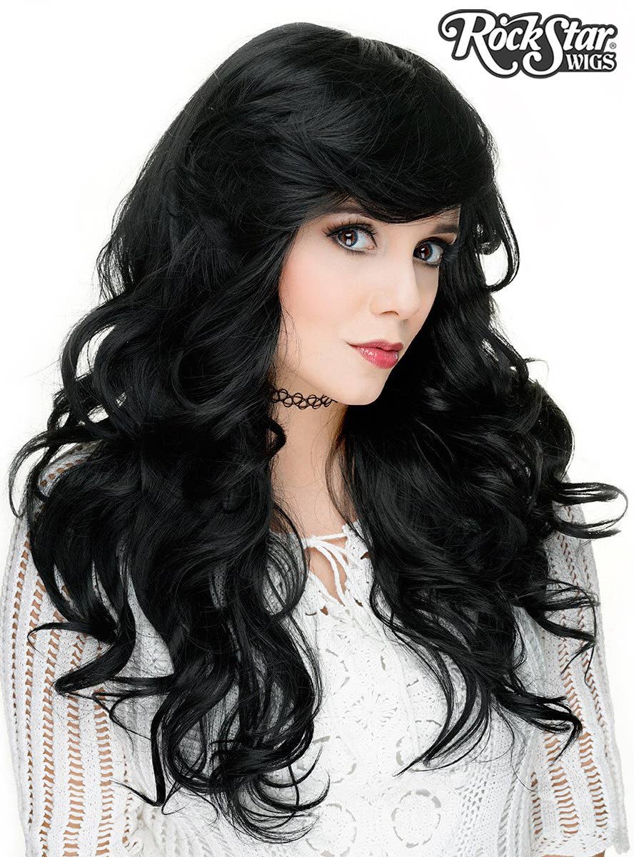 Farrah Women's Deluxe Curly Black Rockstar Fashion Wig Side Image