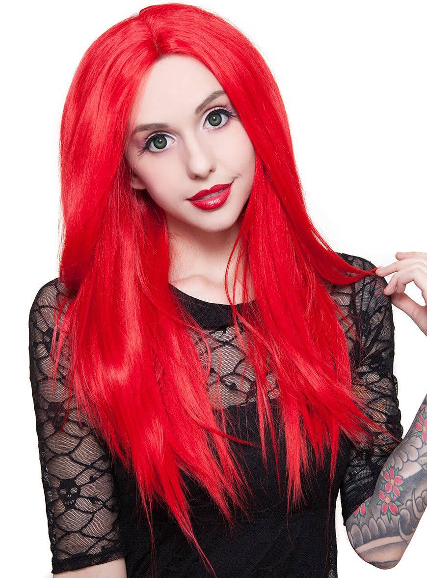 24" Straight Bright Red Lace Front Wig Alternate Front Image 2