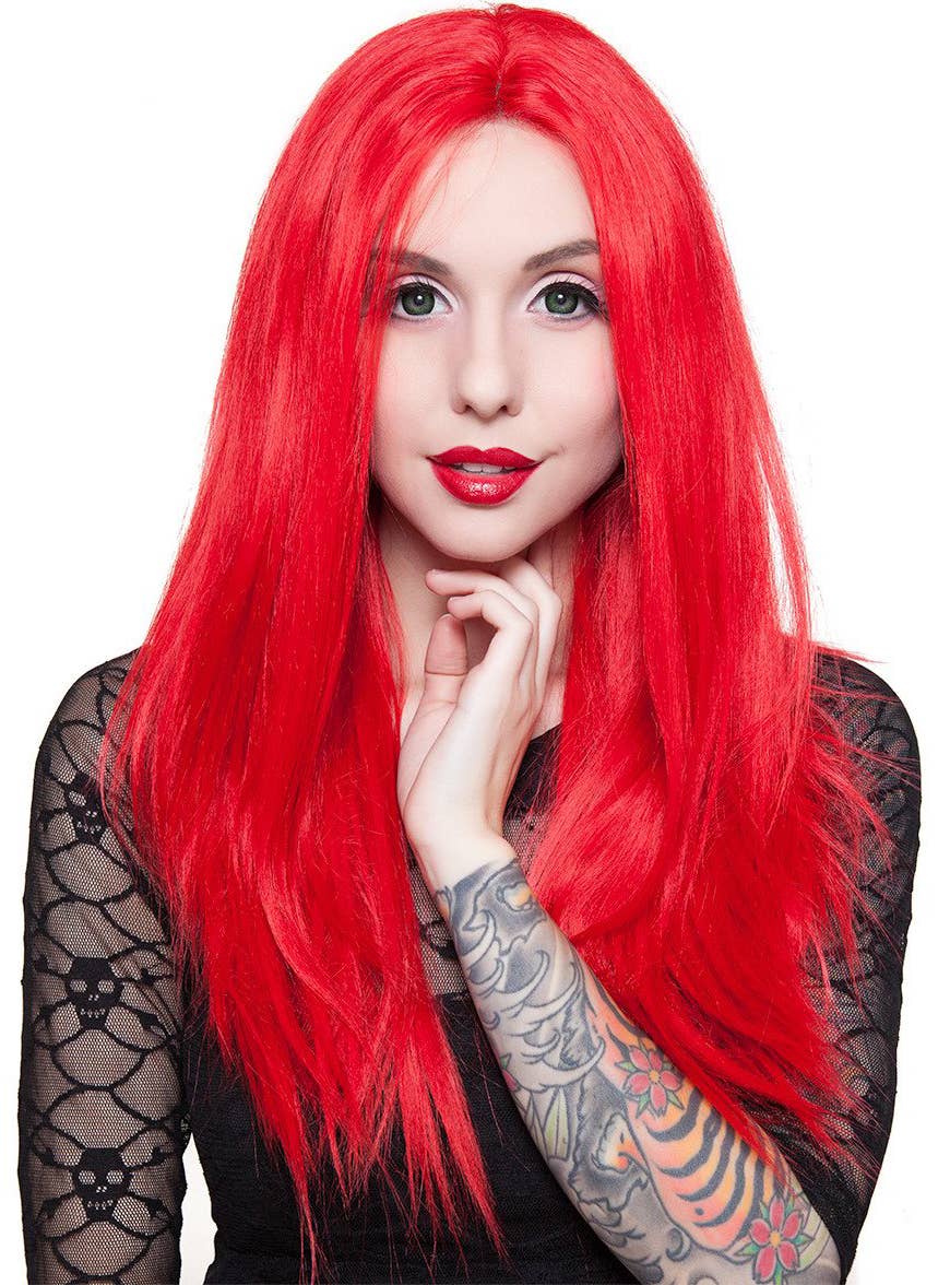 24" Straight Bright Red Lace Front Wig Alternate Front Image