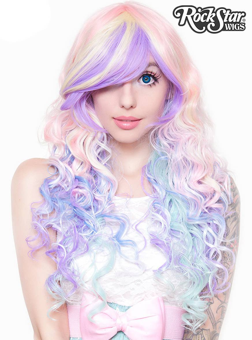 Long Curly Womens Rainbow Wig | Womens Deluxe Pastel Costume Wig