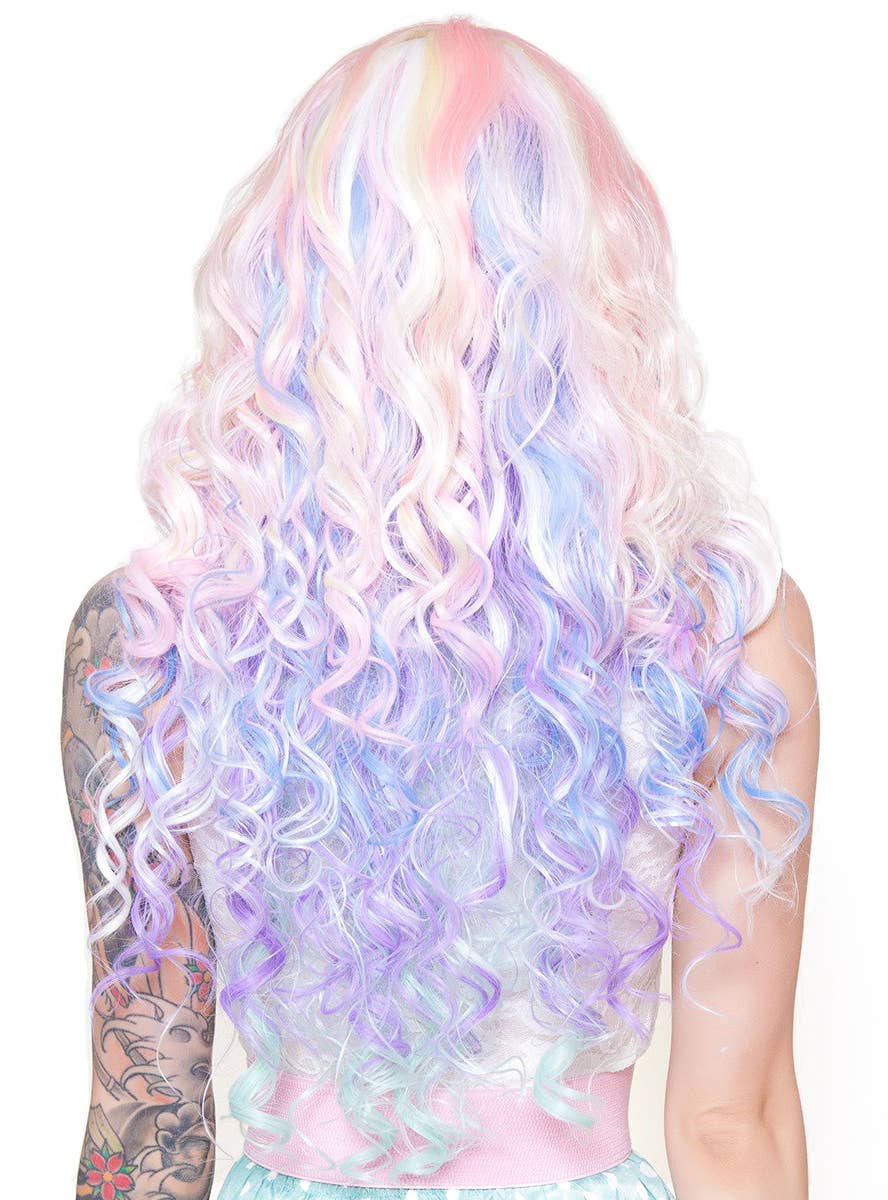 Women's Deluxe Long Curly Pastel Rainbow Heat Resistant Costume Wig with Fringe Alternative View 3