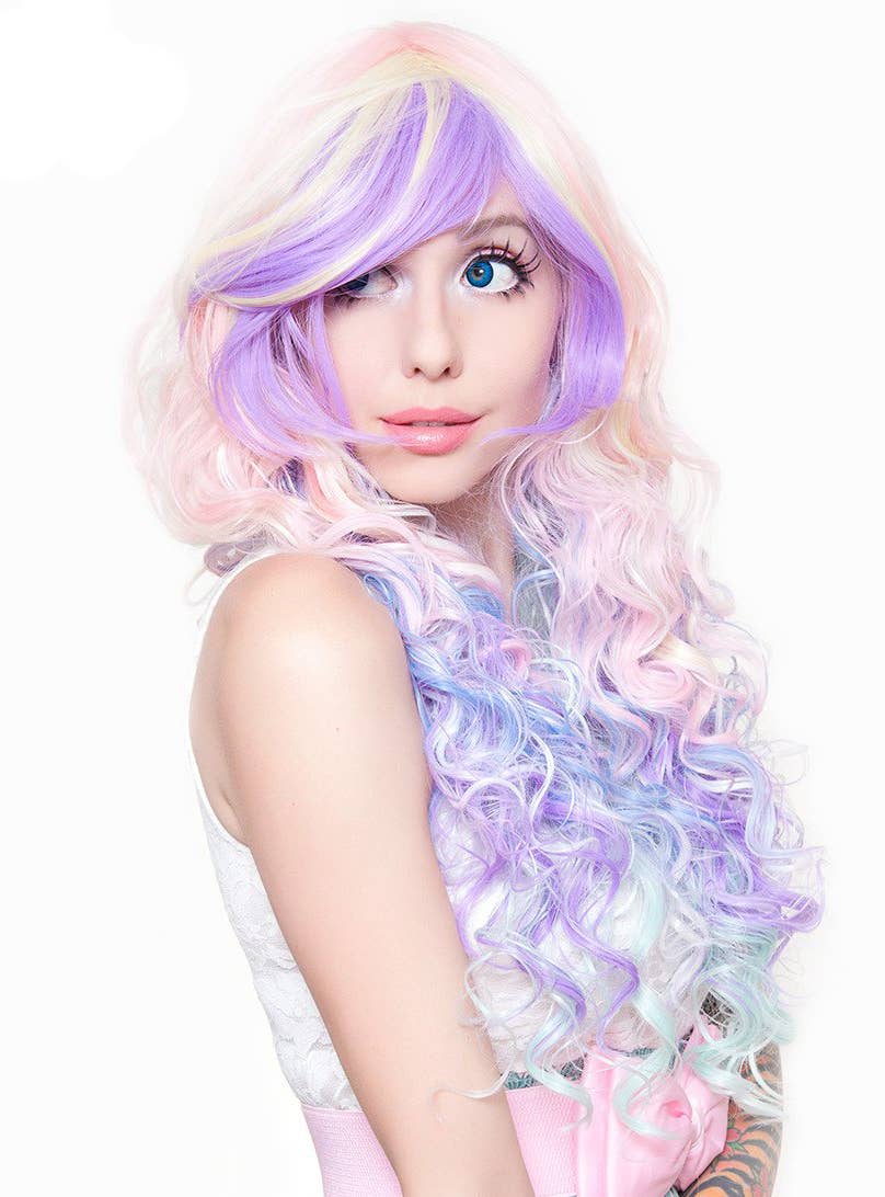 Long Curly Womens Rainbow Wig | Womens Deluxe Pastel Costume Wig