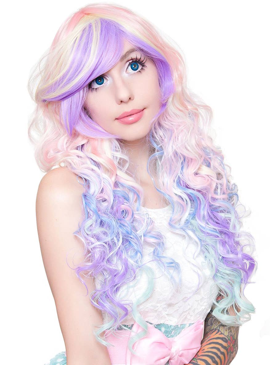 Women's Deluxe Long Curly Pastel Rainbow Heat Resistant Costume Wig with Fringe Alternative View 1