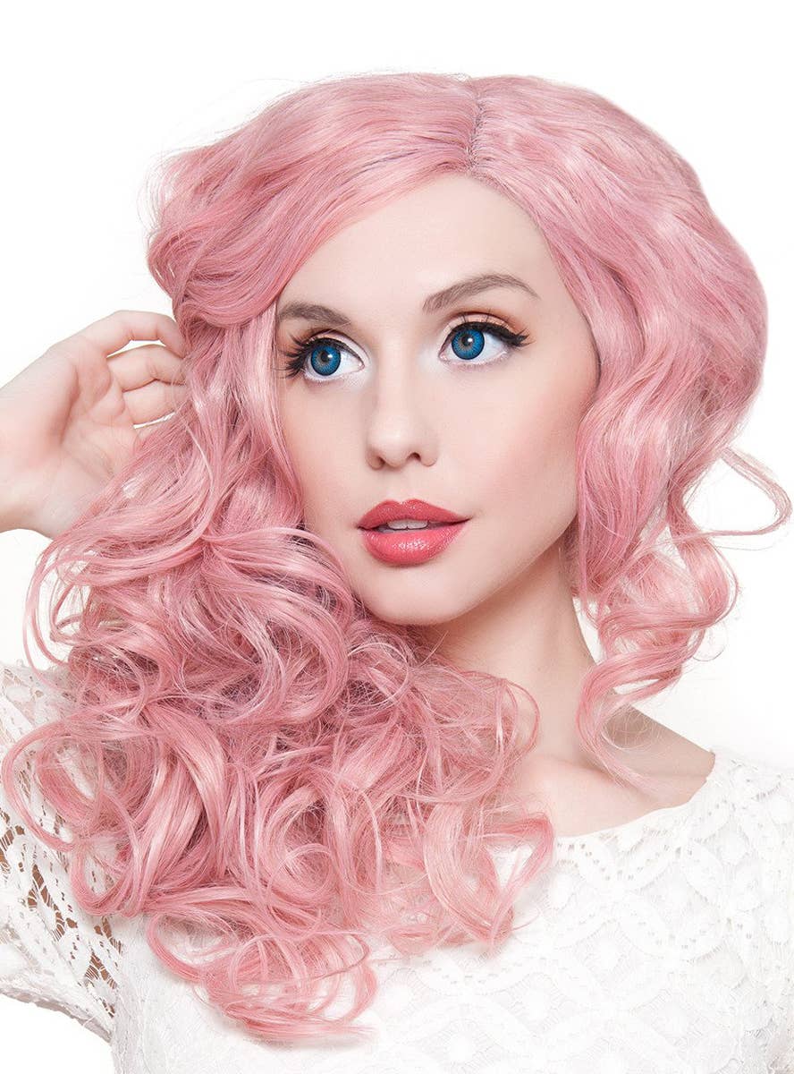 Women's Milkshake Pink Curly Lace Front Wig Alternate Front Image