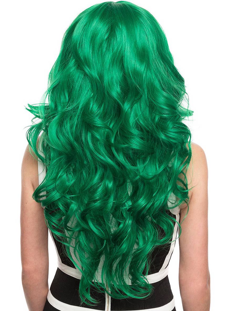 Women's Deluxe Long Emerald Green Curly Fashion Wig with Side Fringe Back Image