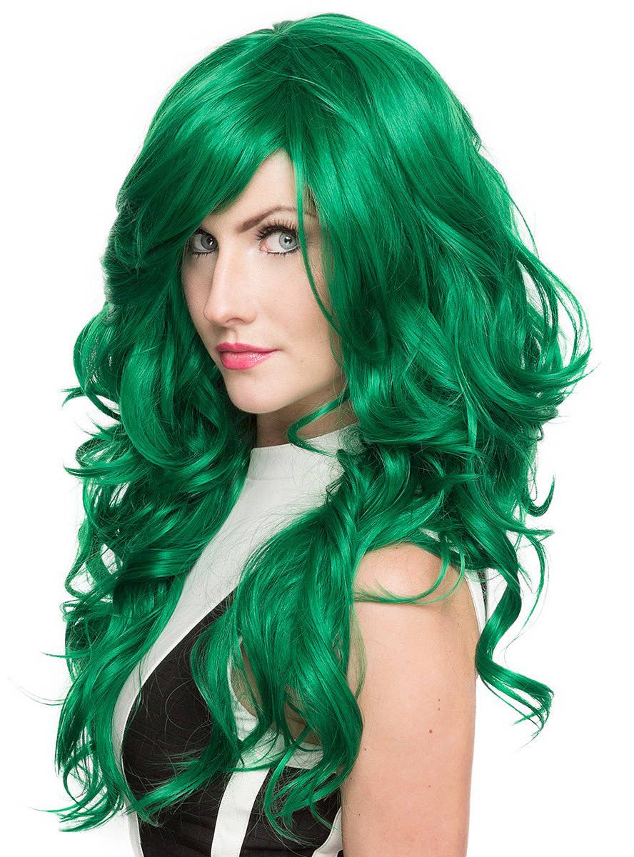 Women's Deluxe Long Emerald Green Curly Fashion Wig with Side Fringe Side Image