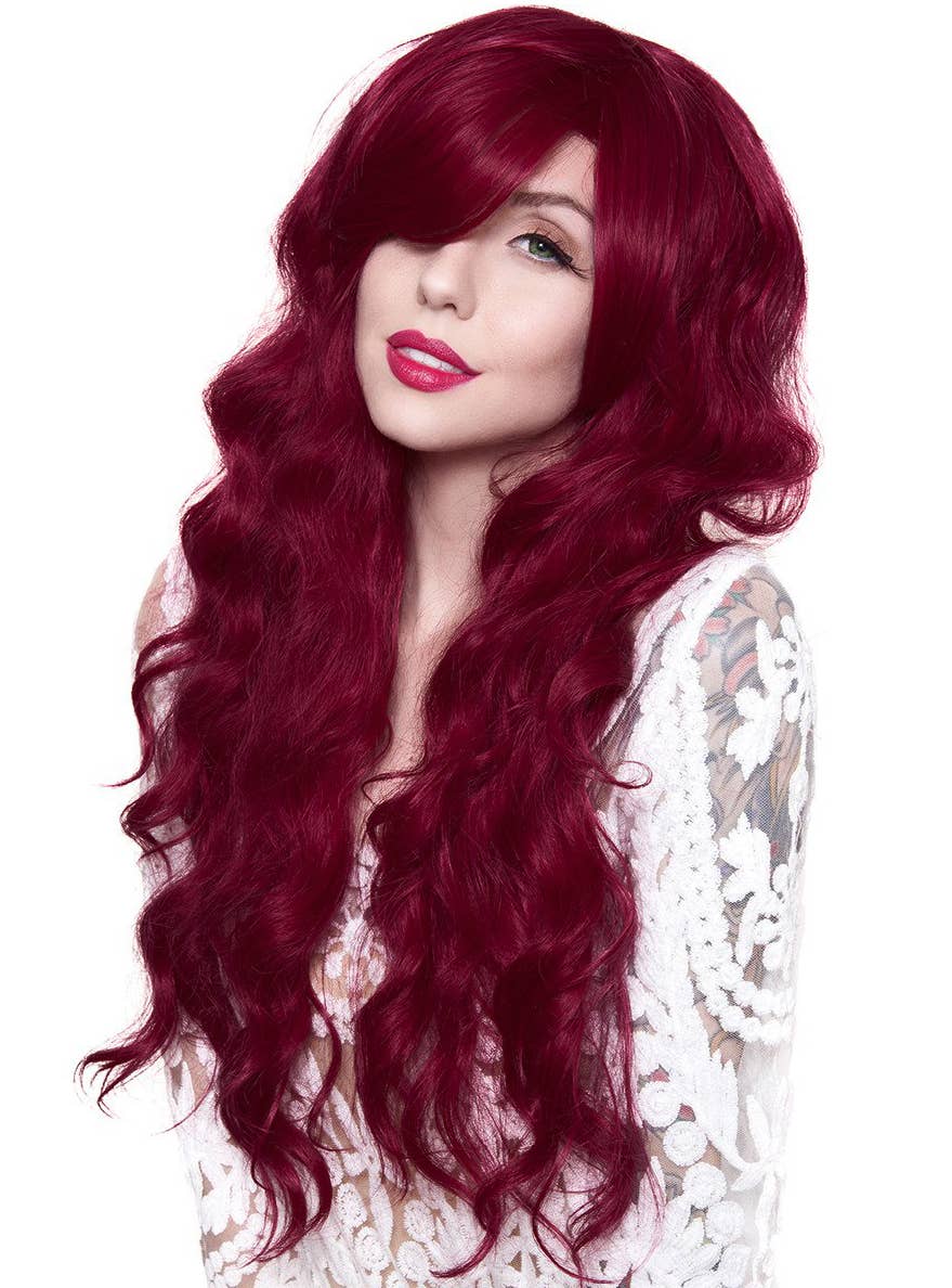 Women's Dark Red Deluxe Heat Resistant Wig - Side  Image