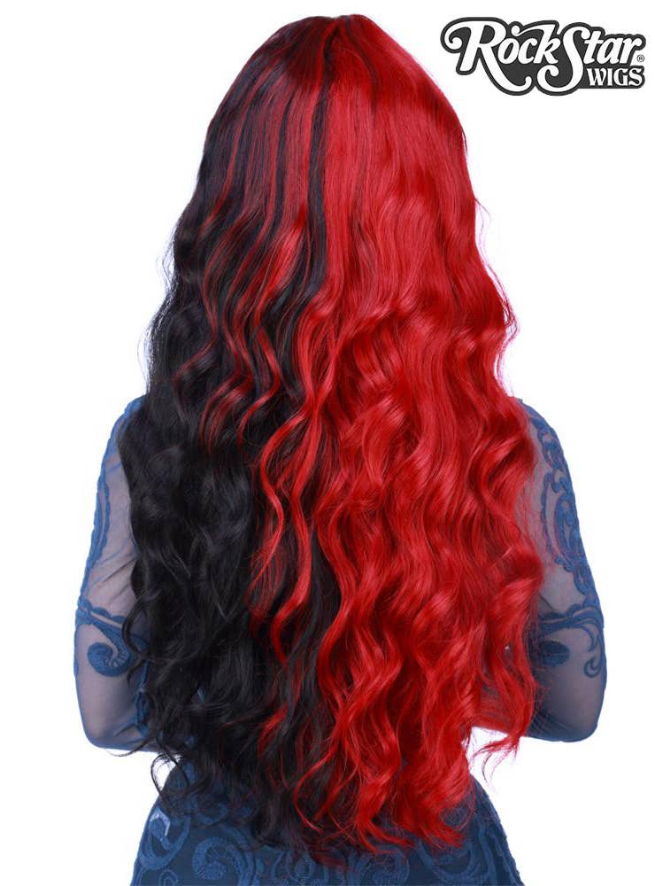 Half Red Half Black Women's Classic Wavy Rockstar Fashion Wig Back Image