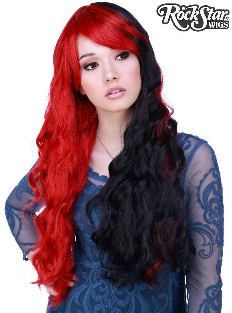 Half Red Half Black Women's Classic Wavy Rockstar Fashion Wig Alternate Front Image