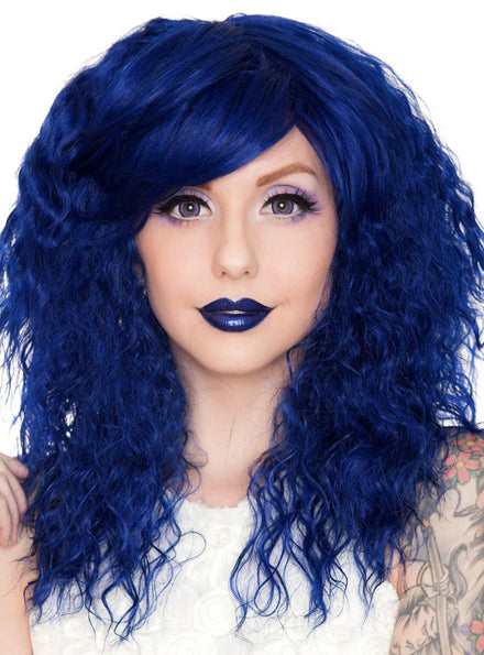 Deep Blue Women's Fluffy Crimped Fashion Wig with Side Fringe Front Image