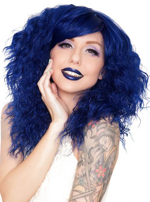 Deep Blue Women's Fluffy Crimped Fashion Wig with Side Fringe Alternate Front Image