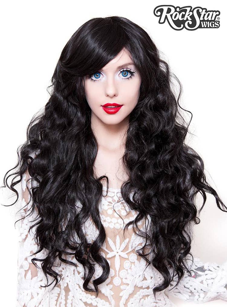 Long Classic Wavy Gypsy Kiss Black Deluxe Fashion Wig for Women Front Image