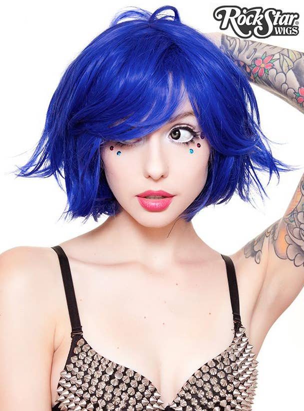 Women's Hologram 12 Inch Royal Blue Rock Star Fashion Wig Front Image