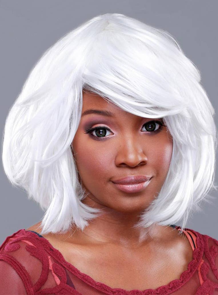 Women's Deluxe Short White Heat Resistant Bob Costume Wig with Side Swept Fringe Alternative View 2