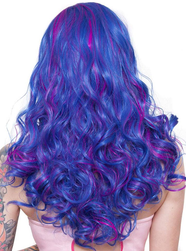 Lace Front Womens Deluxe Curly Blue Wig with Purple Highlights Back Image