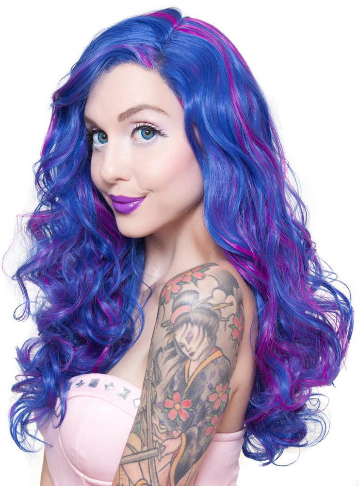 Lace Front Womens Deluxe Curly Blue Wig with Purple Highlights Side Image