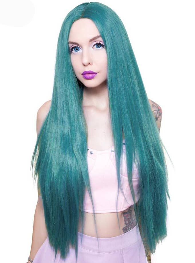 Women's Premium 32" Lace Front Long Straight Yaki RockStar Fashion Wig in Turquoise Alternative View 1