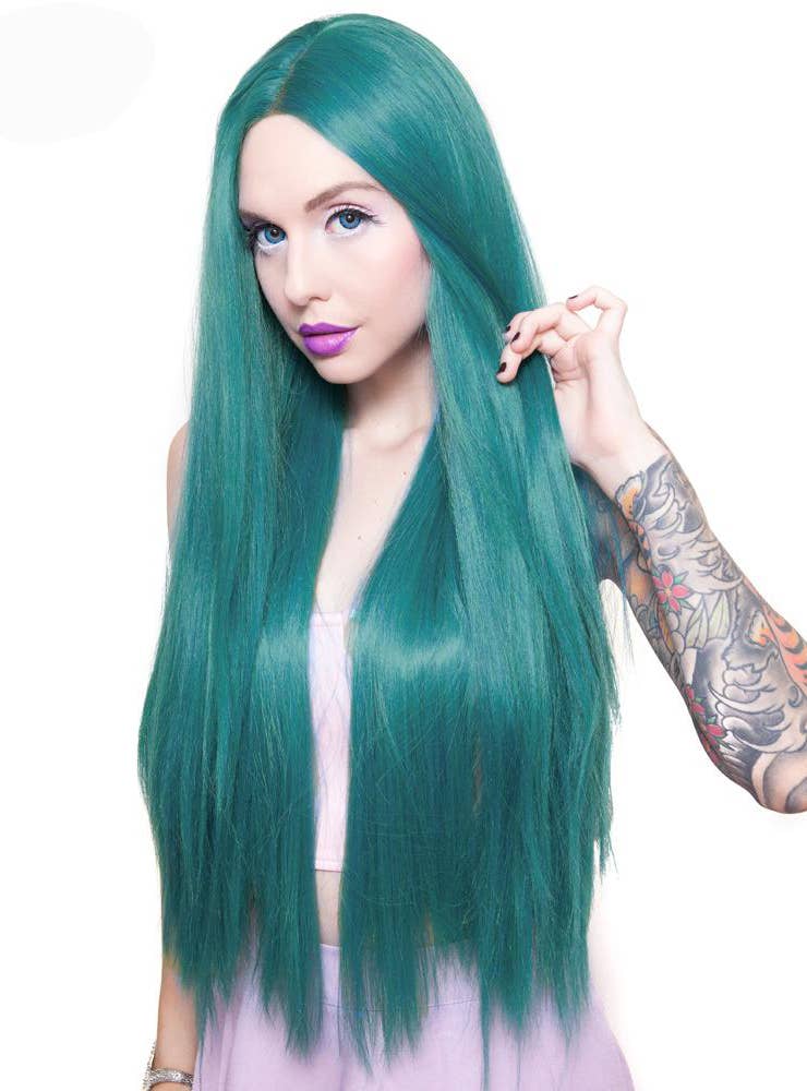 Women's Premium 32" Lace Front Long Straight Yaki RockStar Fashion Wig in Turquoise Alternative View 2