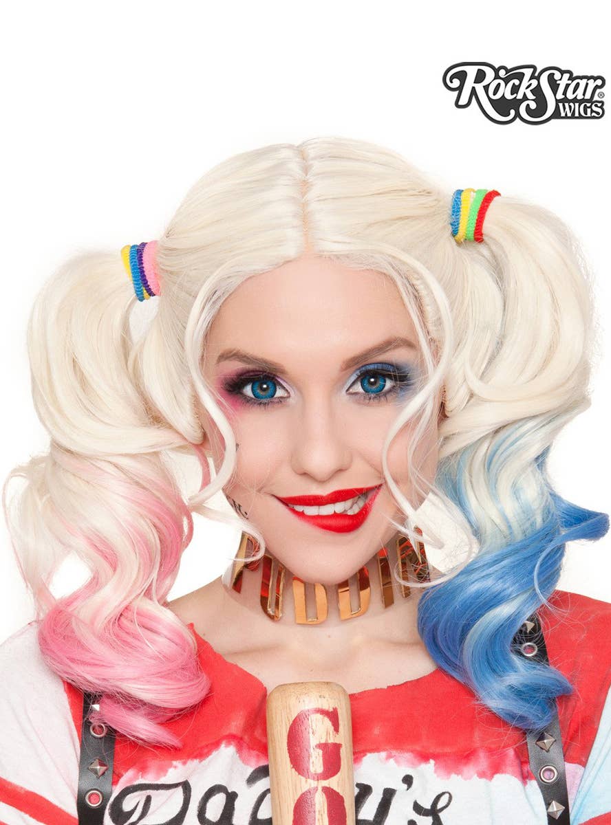 Women's Deluxe Harley Quinn Pink and Blue Cosplay Wig Alternate Front Image