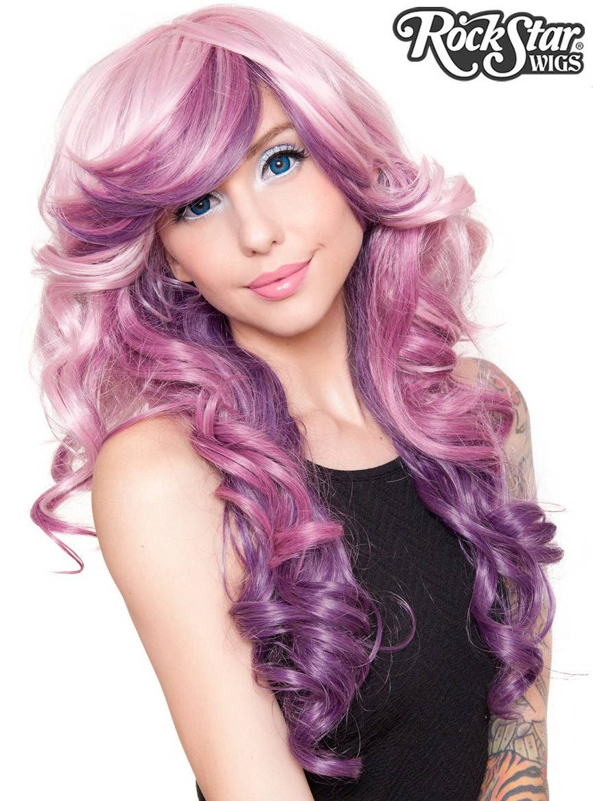 Women's Rockstar Triflect Berrylicious Pink and Purple Deluxe Curly Fashion Wig Alternate Front Image