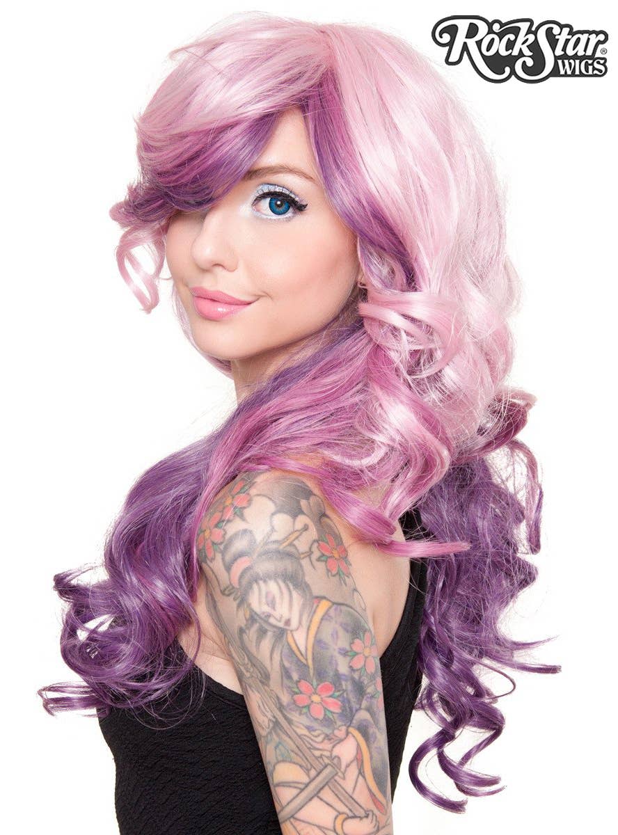 Women's Rockstar Triflect Berrylicious Pink and Purple Deluxe Curly Fashion Wig Side Image