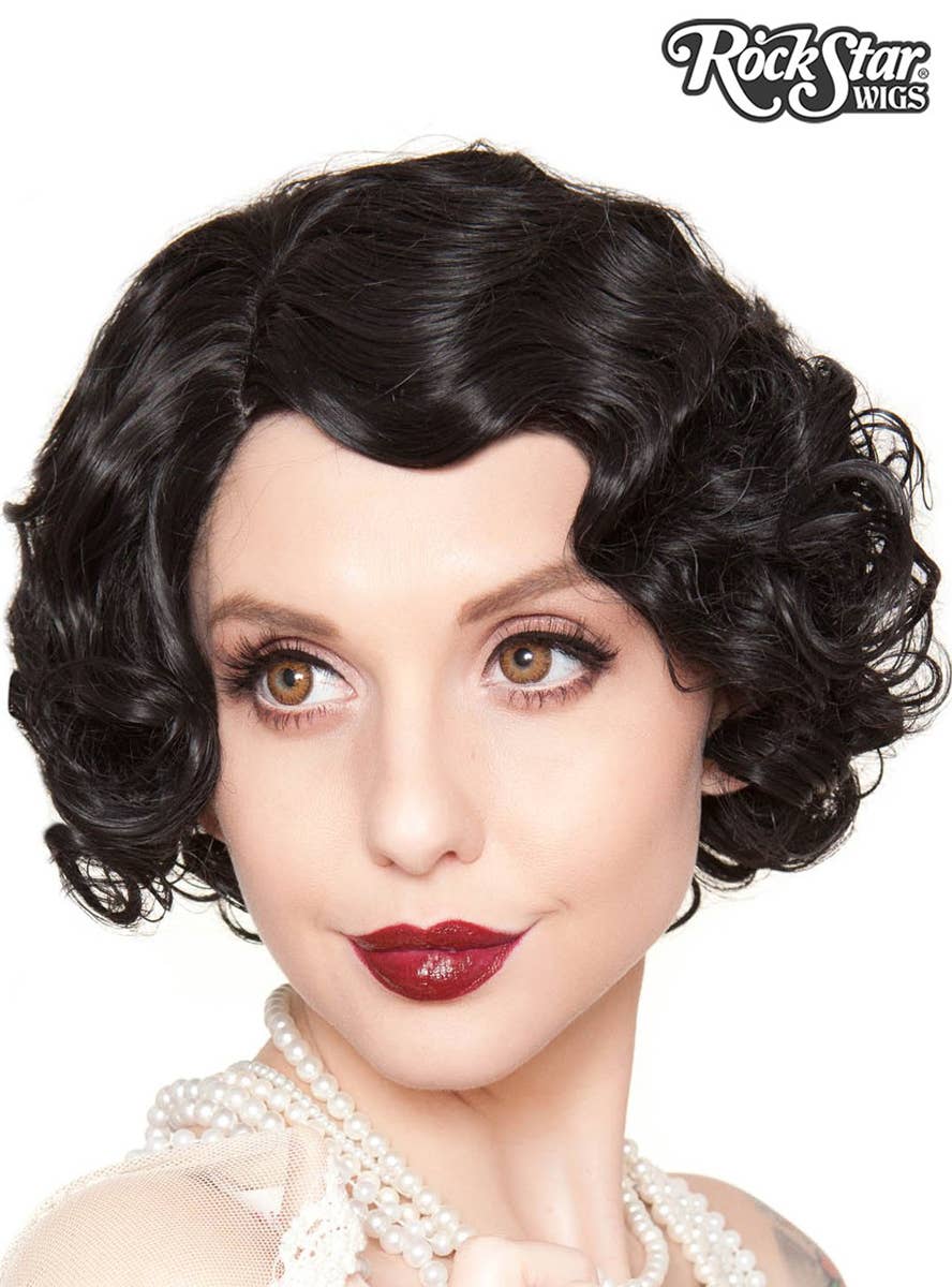 Women's Short Black Finger Waves Flapper Deluxe Fashion Wig - Front Image