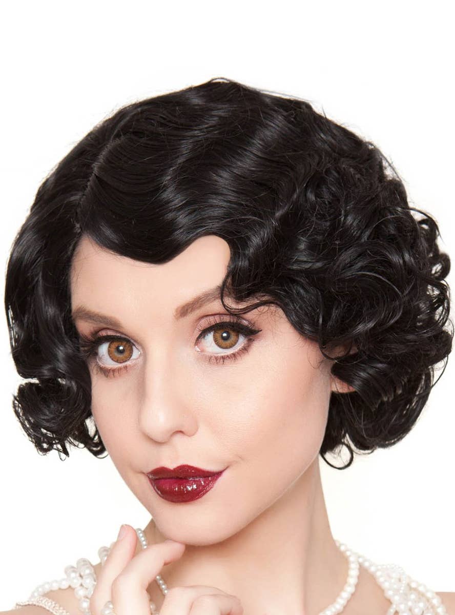 Women's Short Black Finger Waves Flapper Deluxe Fashion Wig Alternate  - Front Side Image