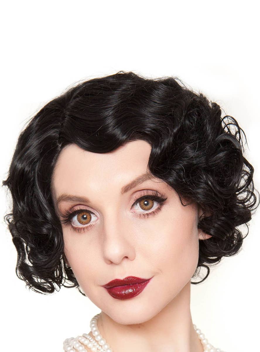 Women's Short Black Finger Waves Flapper Deluxe Fashion Wig - Alternate Front Image