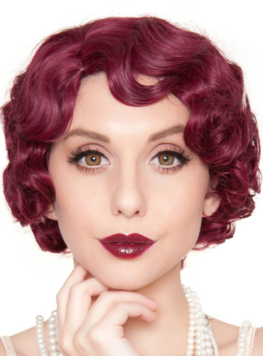 Short Burgundy Red Women's 1920s Flapper Finger Waves Costume Wig Front Image