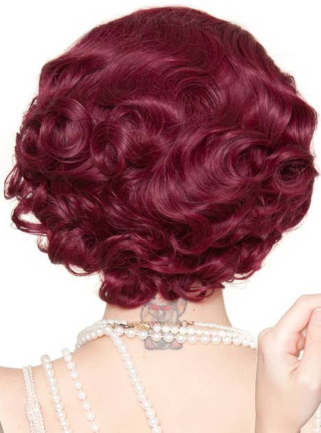 Short Burgundy Red Women's 1920s Flapper Finger Waves Costume Wig Back Image