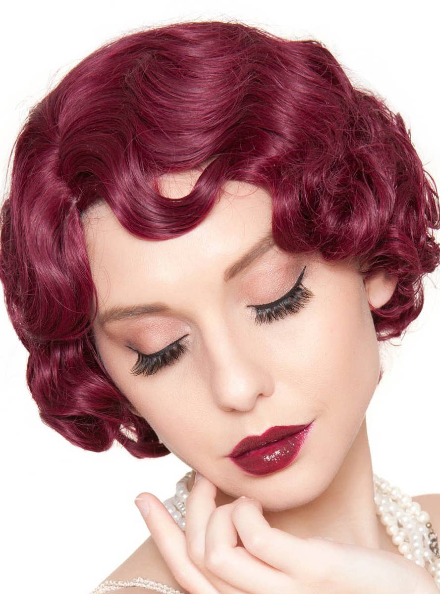 Short Burgundy Red Women's 1920s Flapper Finger Waves Costume Wig Alternate Front Image