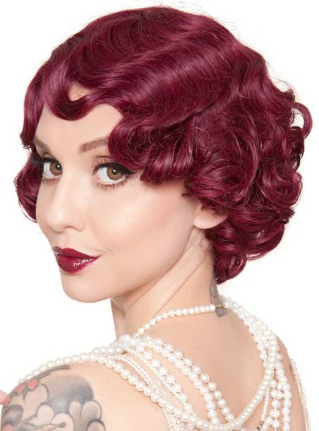 Short Burgundy Red Women's 1920s Flapper Finger Waves Costume Wig Side Image