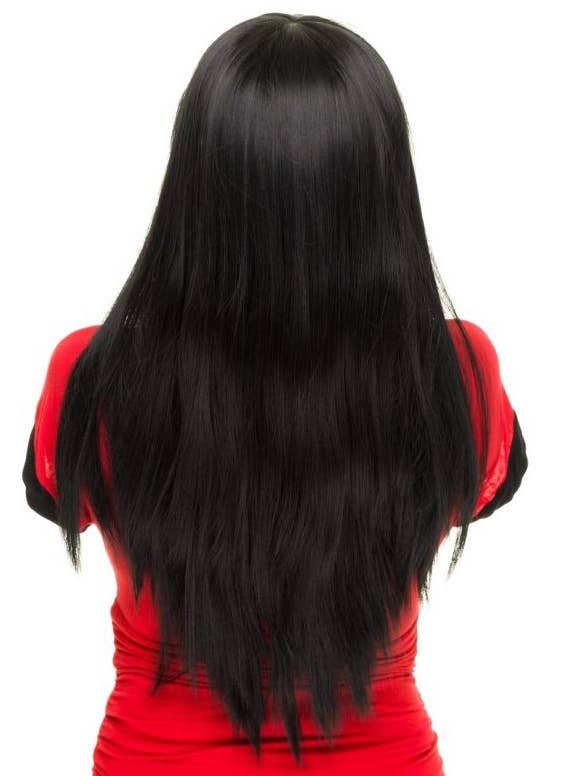 Women's Deluxe Long Black Rockstar Wig with Bangs Back Image