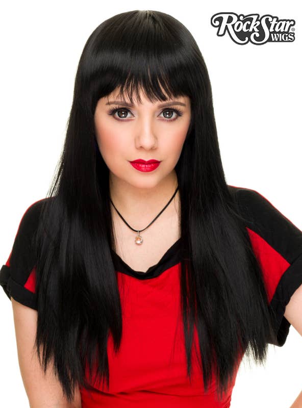 Women's Deluxe Long Black Rockstar Wig with Bangs Front Image
