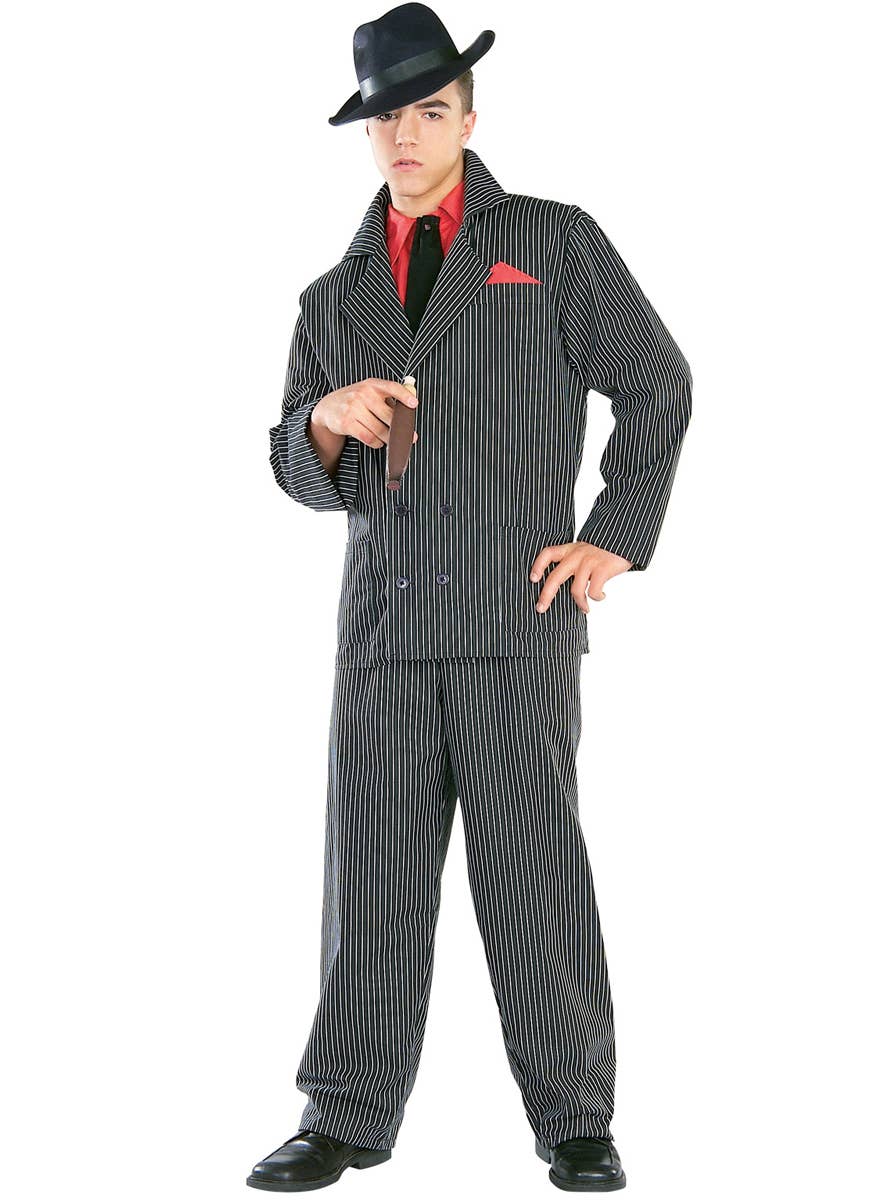 Striped Black and White Men's 20's Gangster Costume Suit Main Image