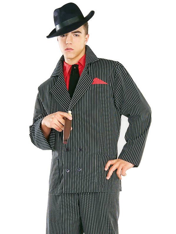 Striped Black and White Men's 20's Gangster Costume Suit Close Up Image