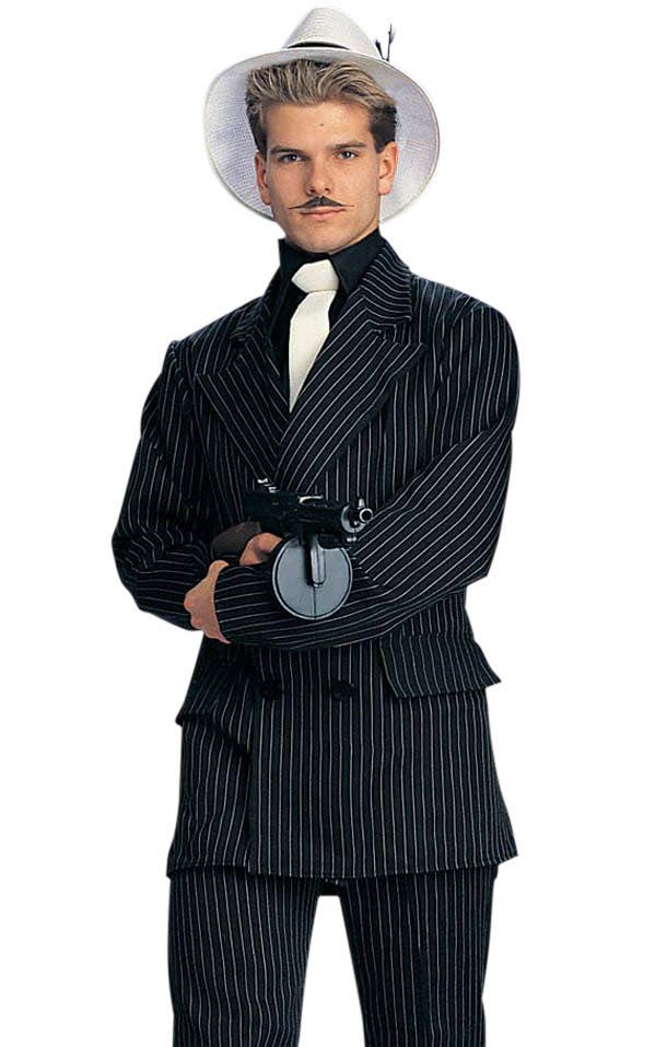 Black and White Pinstriped 20's Gangster Men's Costume Close Up Image