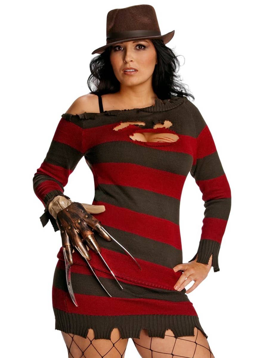 Women's Plus Sise Sexy Freddy Krueger Fancy Dress Halloween Costume Close Up Image