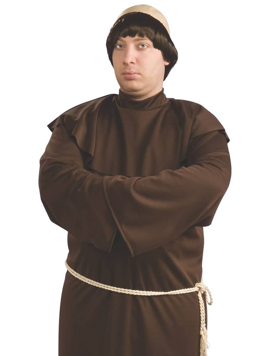 Brown Monk Robe with Belt and Wig Men's Plus Size Costume Closse Up Image