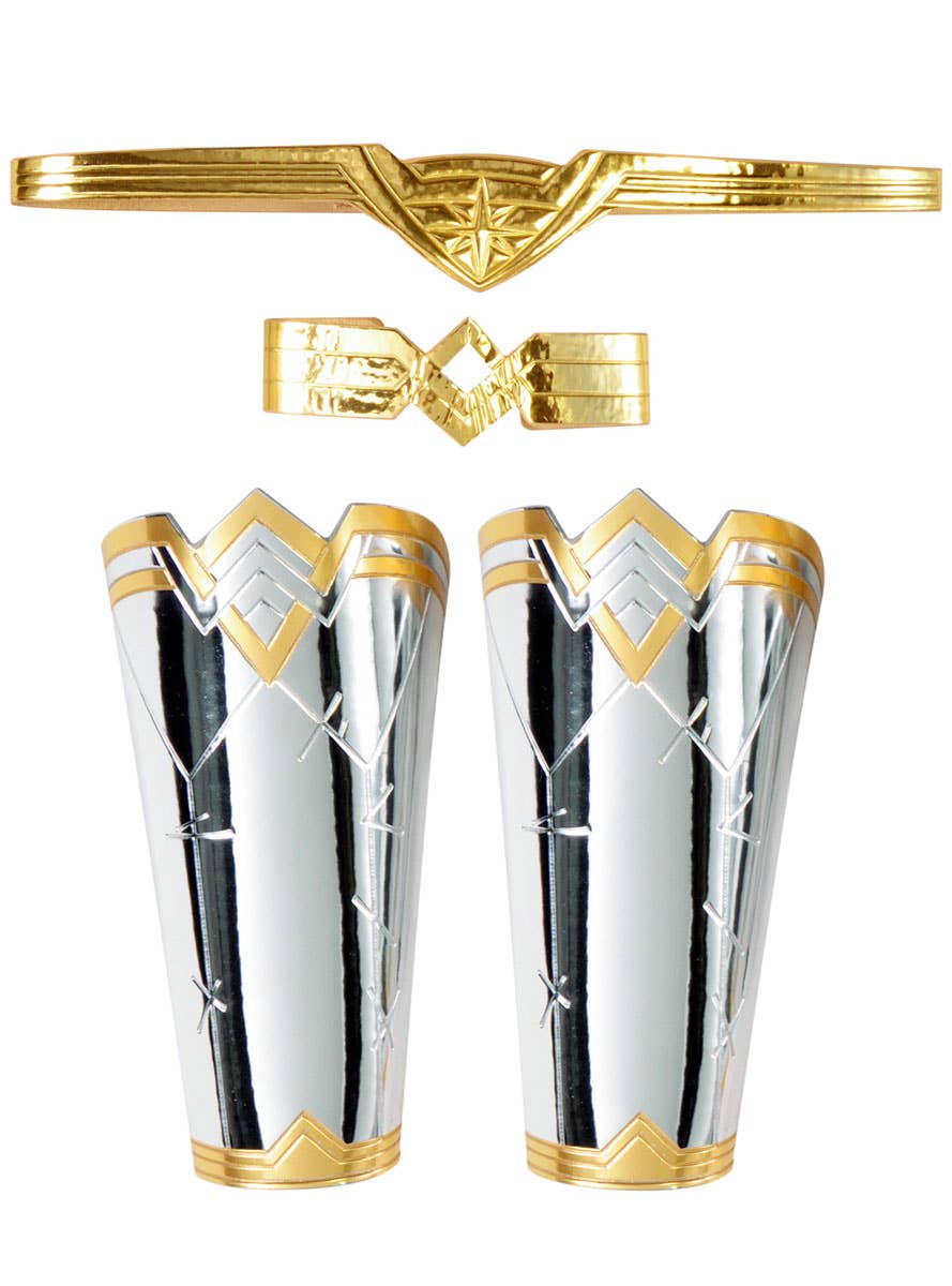 Silver and Gold Wonder Woman Arm Band, Gauntlets and Headband Accessory Set