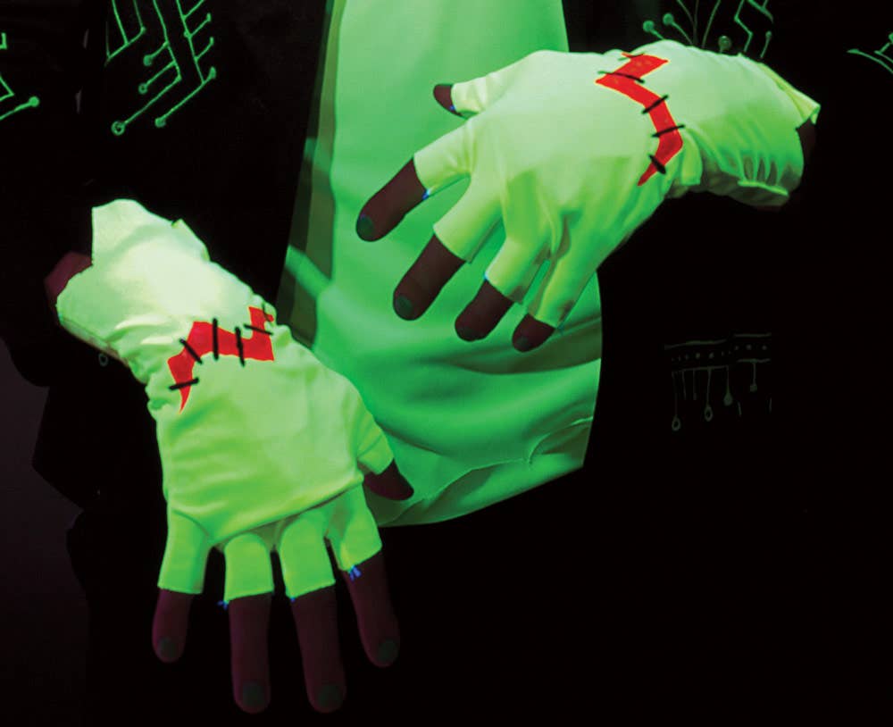 UV Reactive Green Franken Raver Costume Gloves - Alternative Image