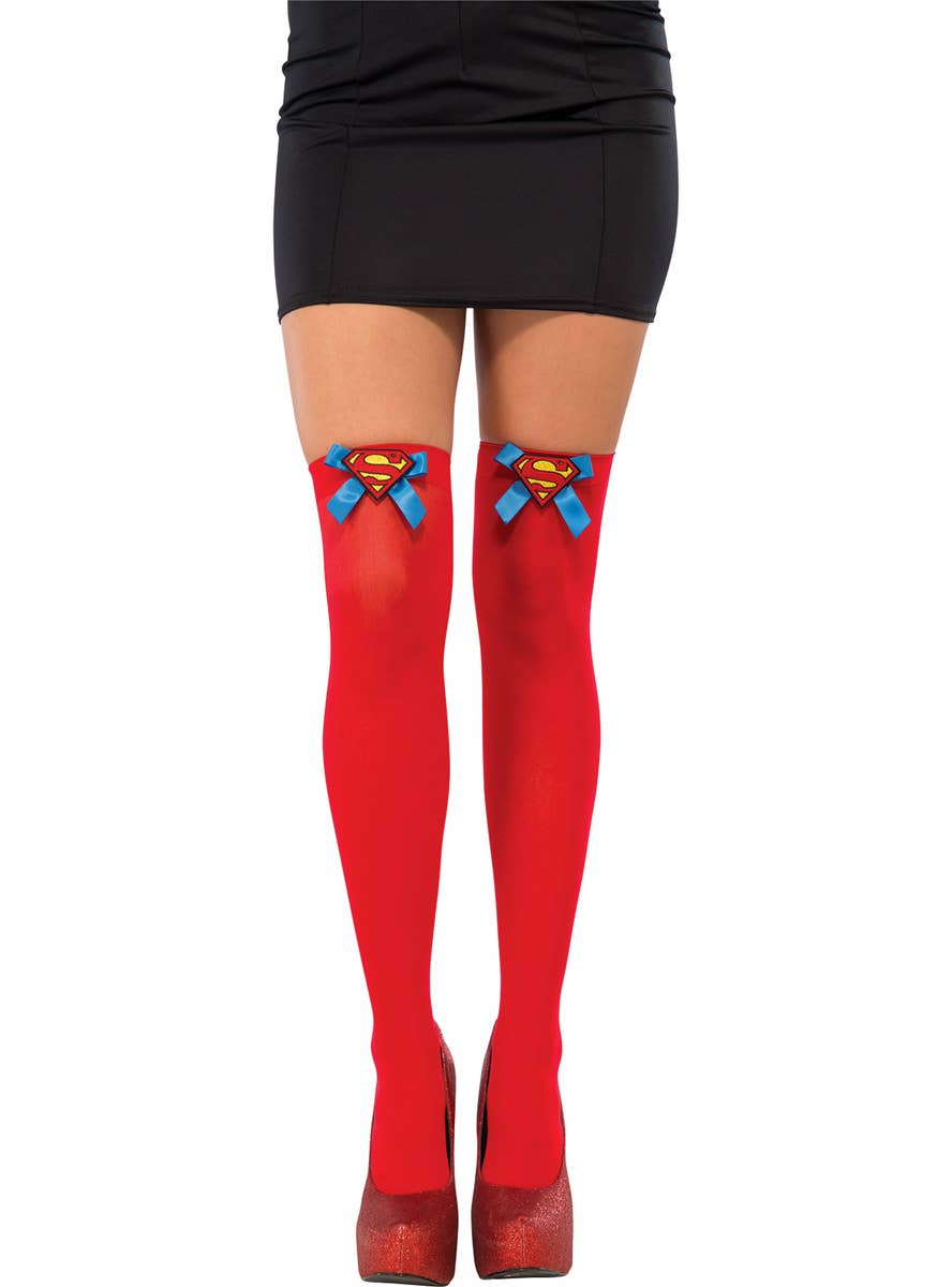 Opaque Red Thigh High Supergirl Costume Stockings for Women