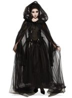 Women's Full Length Sheer Black Mesh Halloween Costume Cape with Hood