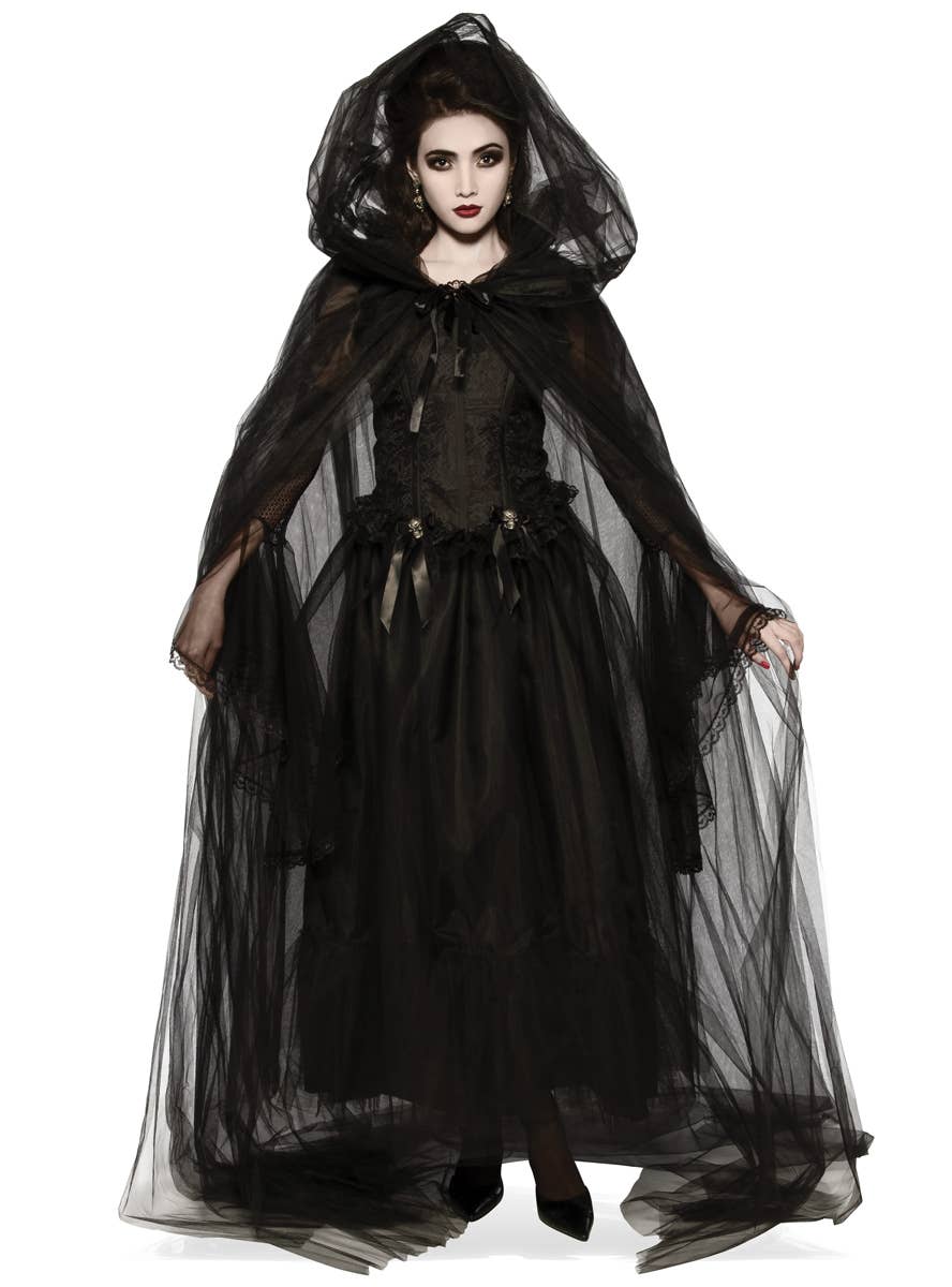 Women's Full Length Sheer Black Mesh Halloween Costume Cape with Hood