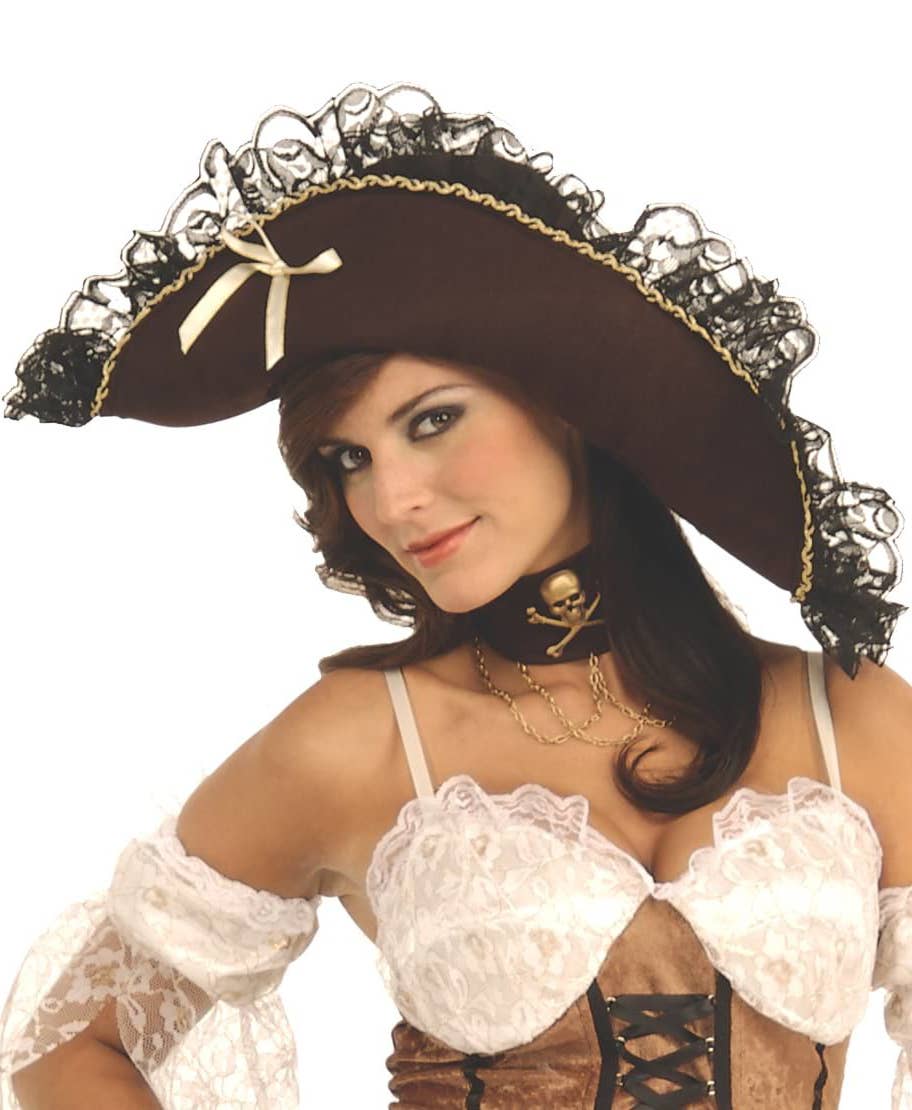 Deluxe Brown Women's Pirate Costume Hat with Lace Trim