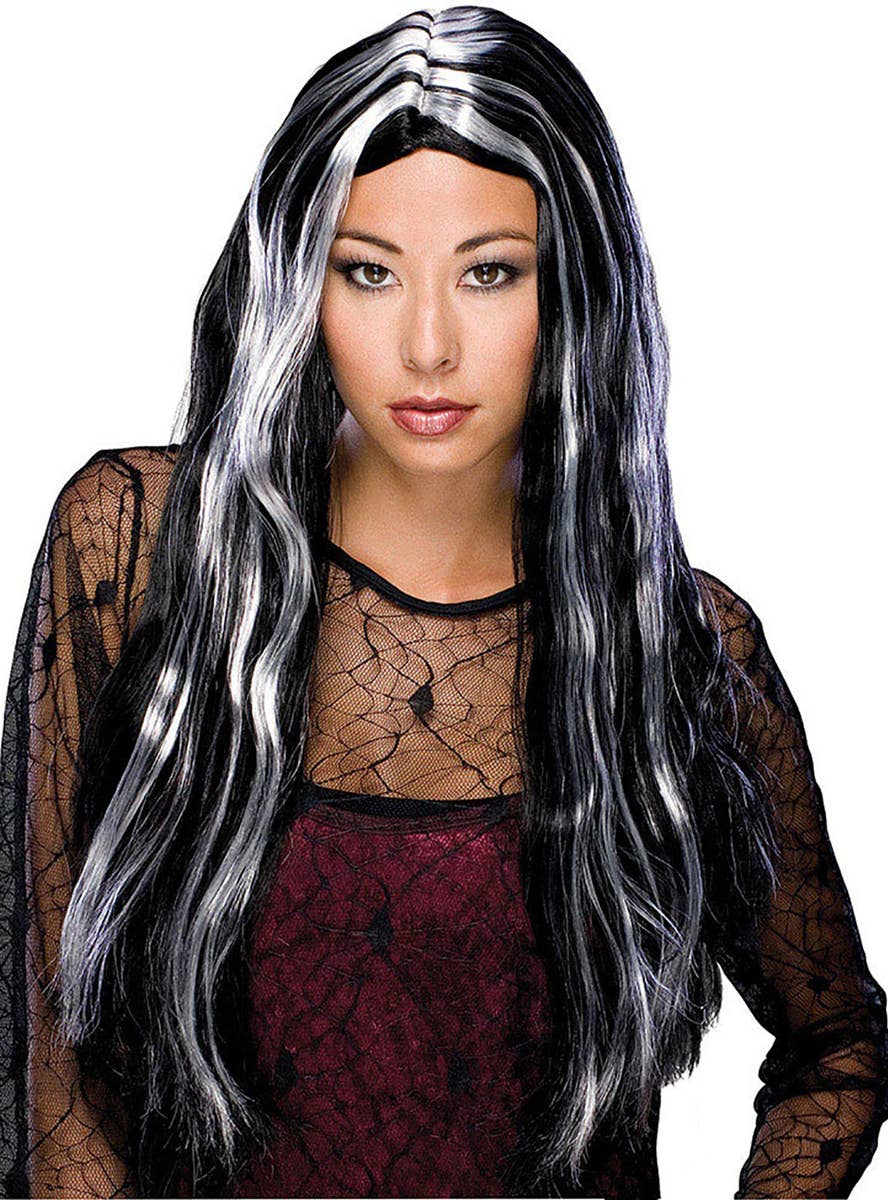 Women's Long Grey Streaked Black Witch Costume Wig