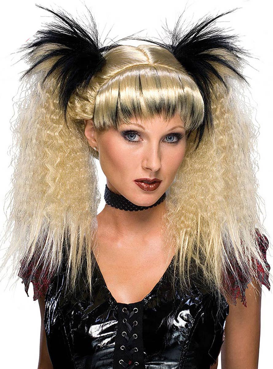 Women's Crimped Blonde Pigtails Costume Wig with Black Highlights - Main Image