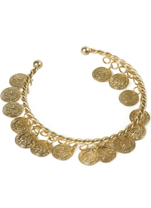 Adjustable Gold Roman Costume Bracelet with Dangling Coins